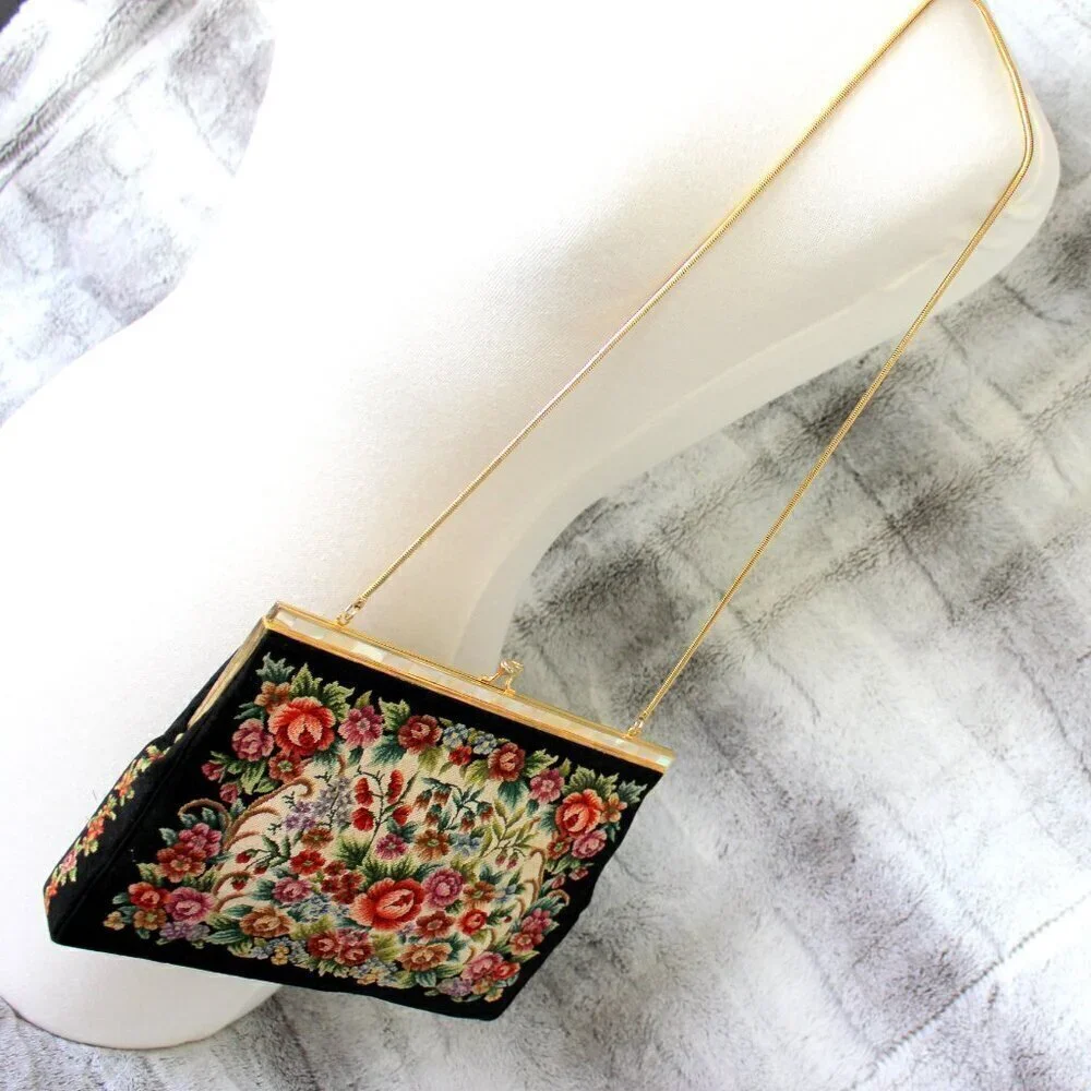 Vintage Style Petite Needlepoint Point Embroidery Handbag Gold Strap Purse